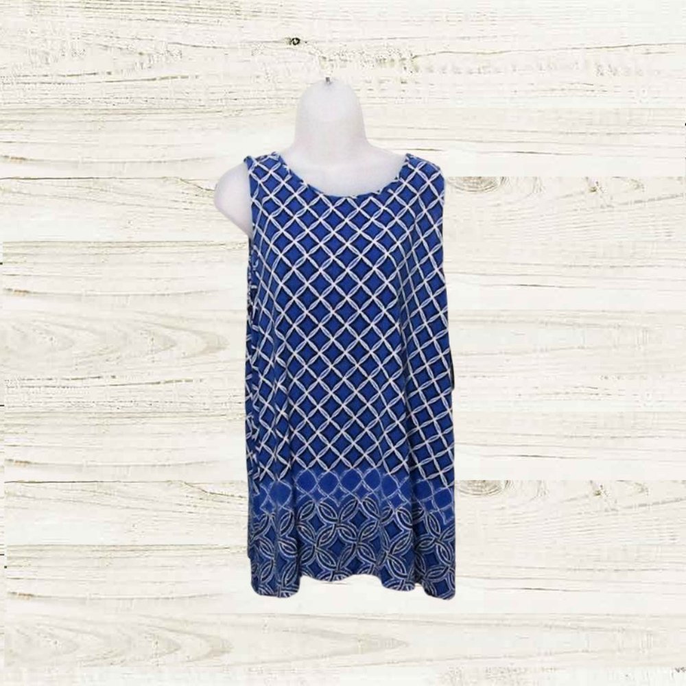 Black label by Evan Picone size L womens top tunic  sleeveless blue white prints